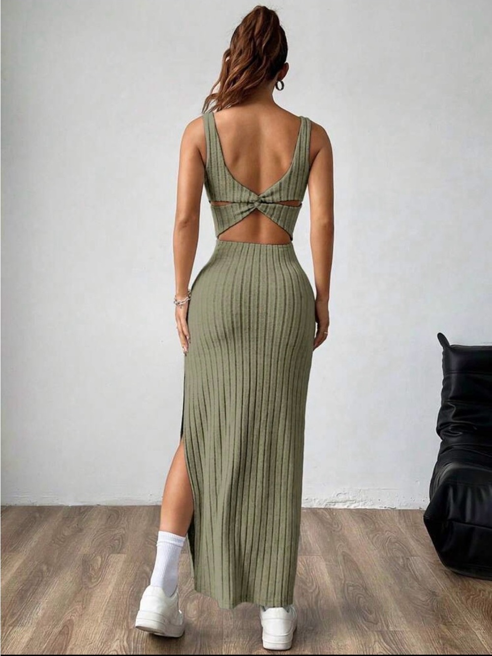 SHEIN Olive Green Ribbed Maxi Tank Dress with Side Slit - Picture 2 of 2